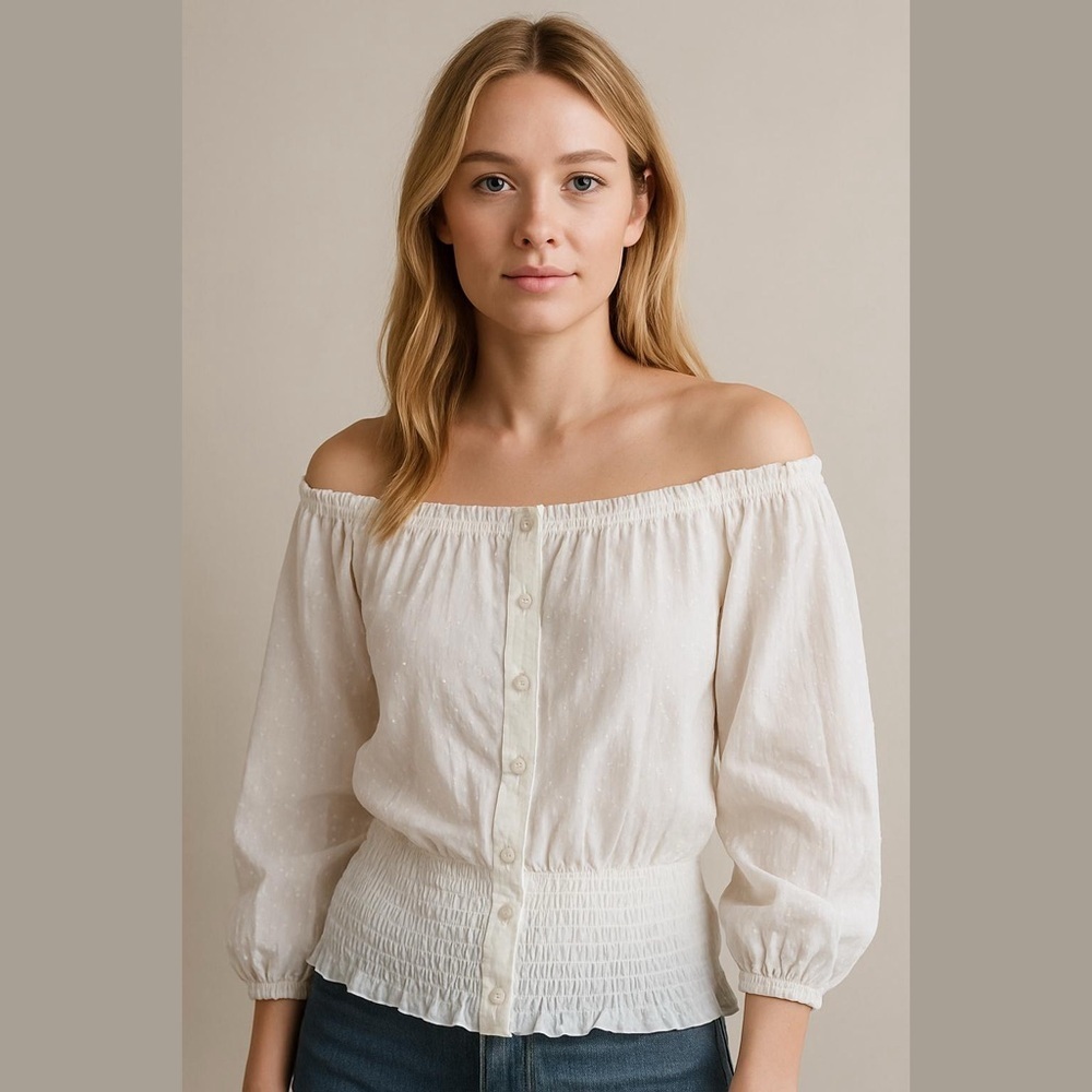 Mariah Carey Collection White Smocked Waist Top Size Small Swiss Dot Pattern NWT